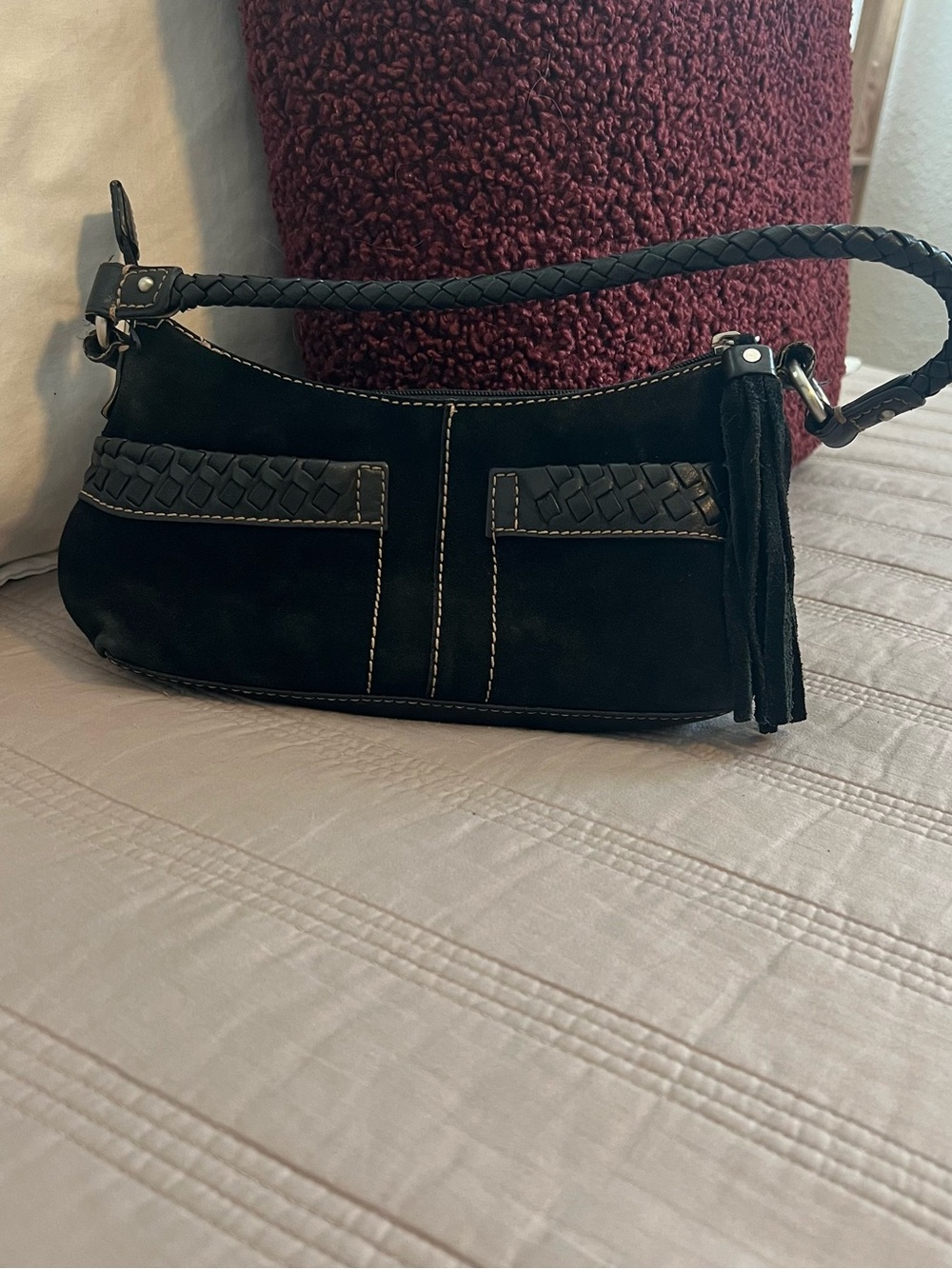 Fossil Black Suede and Leather Shoulder Bag Braided Strap Tassel Y2K Western